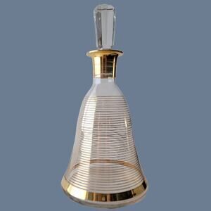 Vintage MCM 1950s French Glass Decanter with Gold Bands and Faceted Stopper